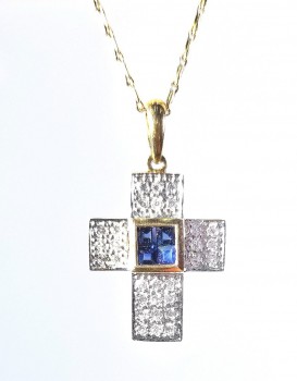 SP1099  14K黃金鑽石配方形藍寶石吊墜